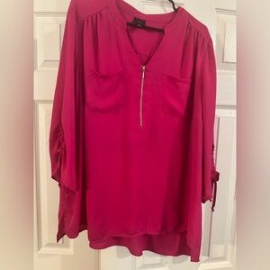 Worthington hot pink tunic with zipper and ruched sleeves.